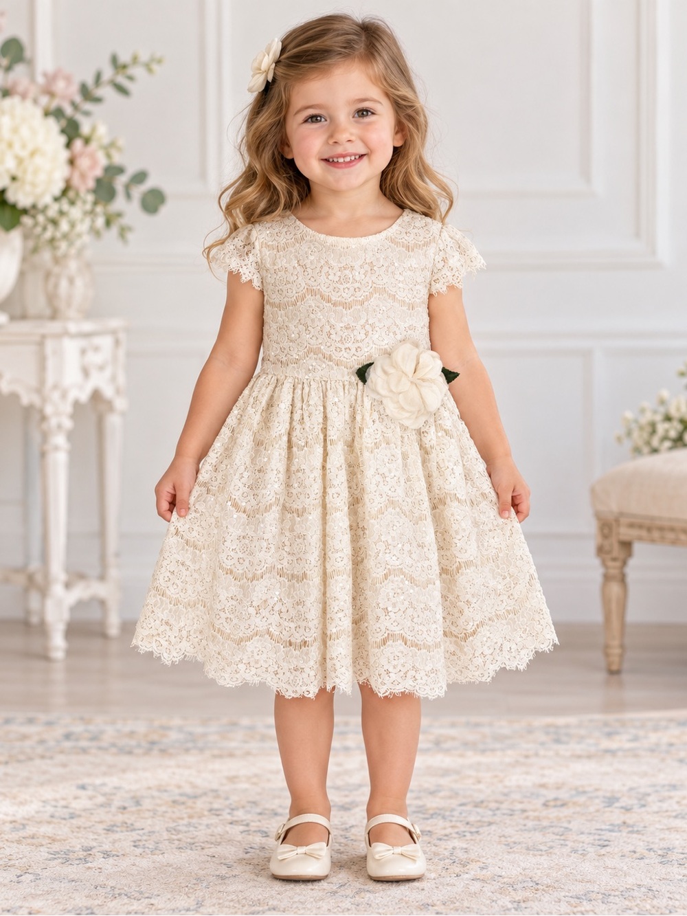 Bonnie Jean Girls 3T Ivory Lace Sequin Flower Dress Wedding Formal